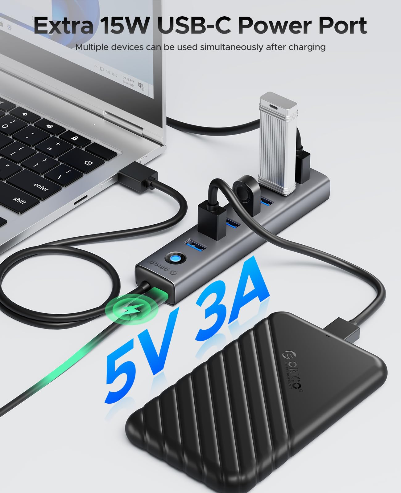 ORICO 7-Port USB 3.0 Hub, Aluminium Multiport Adapter Mit 100CM Kabel, 5Gbps Datenübertragung, 5V 3A Type-C Port, Splitter Für PC, Laptop, MacBook, PS4, Surface Pro, Mobile HDD 4