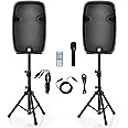 GOFLAME 2000W 2-Way Powered Speakers, 12" Portable Dual Speakers PA System with TWS Bluetooth, USB SD Card, AUX MP3 FM Radio, Microphone, 2 Tripod Stands, Remote and Cables, Indoor and Outdoor Use