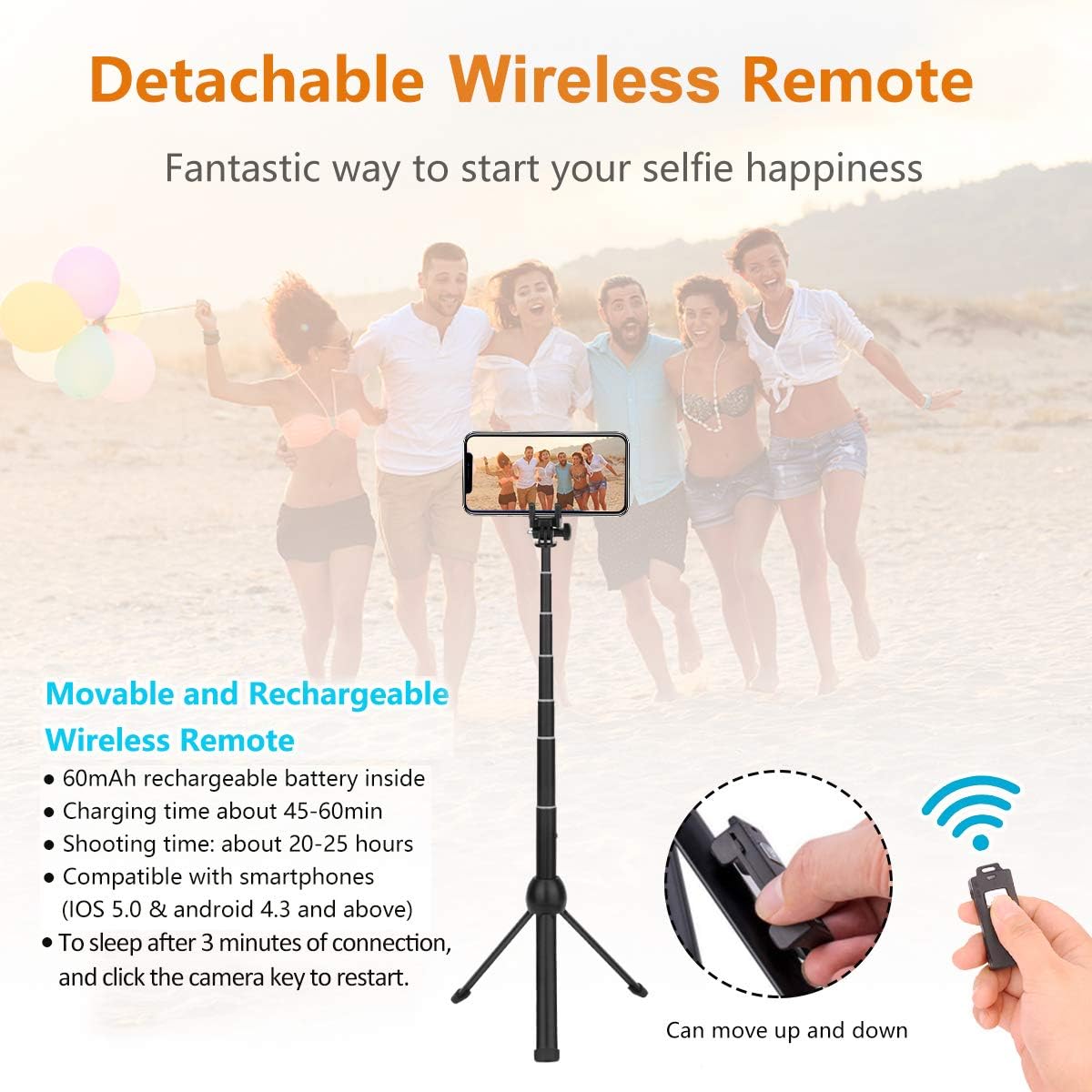 Selfie Stick,45 Inch Extendable Selfie Stick Tripod with Rechargeable Wireless Remote and Phone Tripod Stand,Compatible with iPhone 11 Pro Xs X 8 7 6 Plus,Samsung Galaxy Note10 S10 S9 S8,Gopro