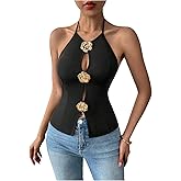 GORGLITTER Women's 3D Flower Halter Top Cut Out Y2k Split Backless Fitted Going Out Tops
