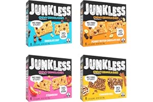 JUNKLESS Chewy Granola Bar 4‑Flavor Variety Pack (24 Bars)–Non‑GMO, Gluten‑Free, Less Sugar Snack Bars— Chocolate Chip, Peanut Butter Chocolate Chip, Cinnamon Roll & Real Strawberry, 4 Boxes