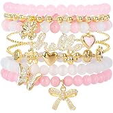 Pink Beaded Bracelet for Women 7Pcs Stackable Opal Stone Stretch Bracelets Sweet Multilayered Gold Charm Bracelets Set Love Heart Flower Clover CZ Butterfly Bow Hello Charm Jewelry Gift for Women