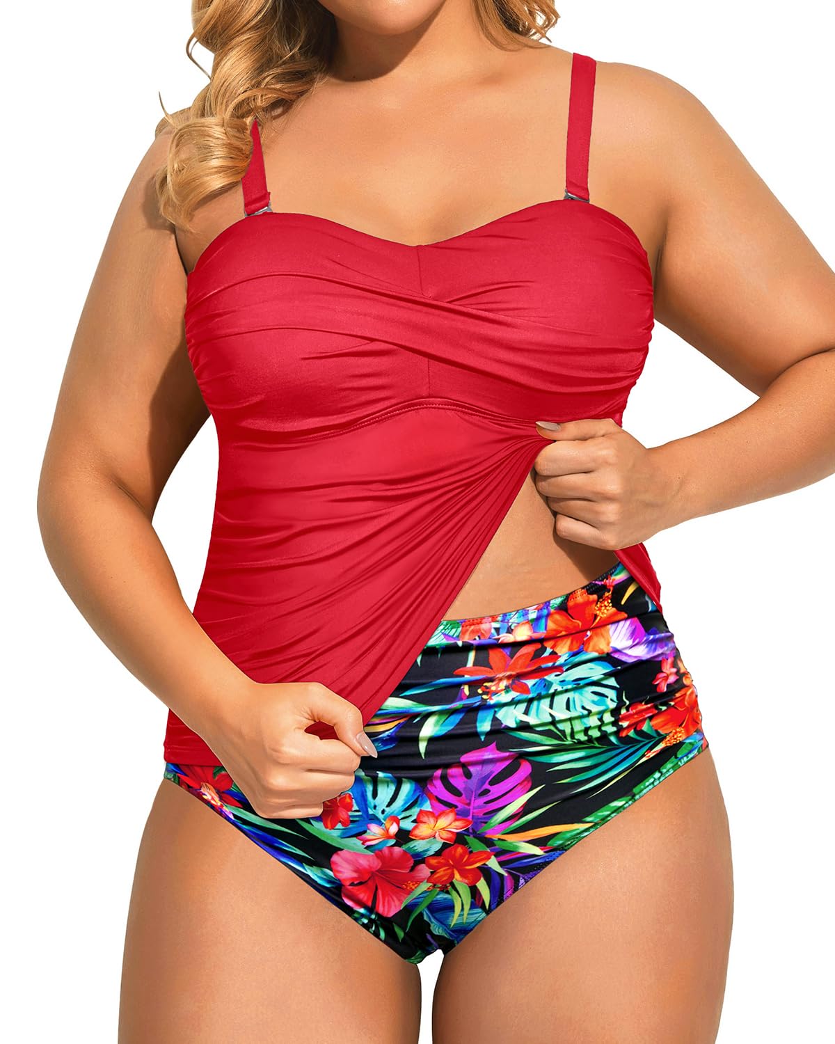 Photo 1 of Aqua Eve Women Two Piece Plus Size Tankini Strapless Bathing Suits Bandeau Swimsuits with High Waisted Bottom Red Floral 16W