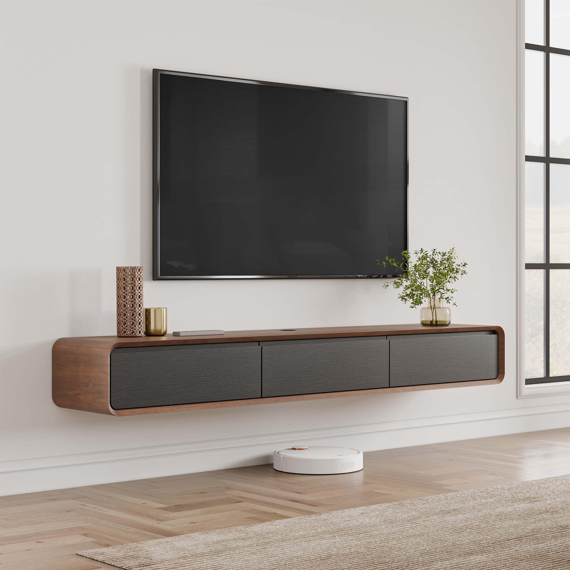 Photo 1 of POVISON Floating TV Stand, 63 inch Walnut and Black Modern TV Stand with 3 Drawers, Solid Wood Floating Entertainment Center, Minimalist TV Stand