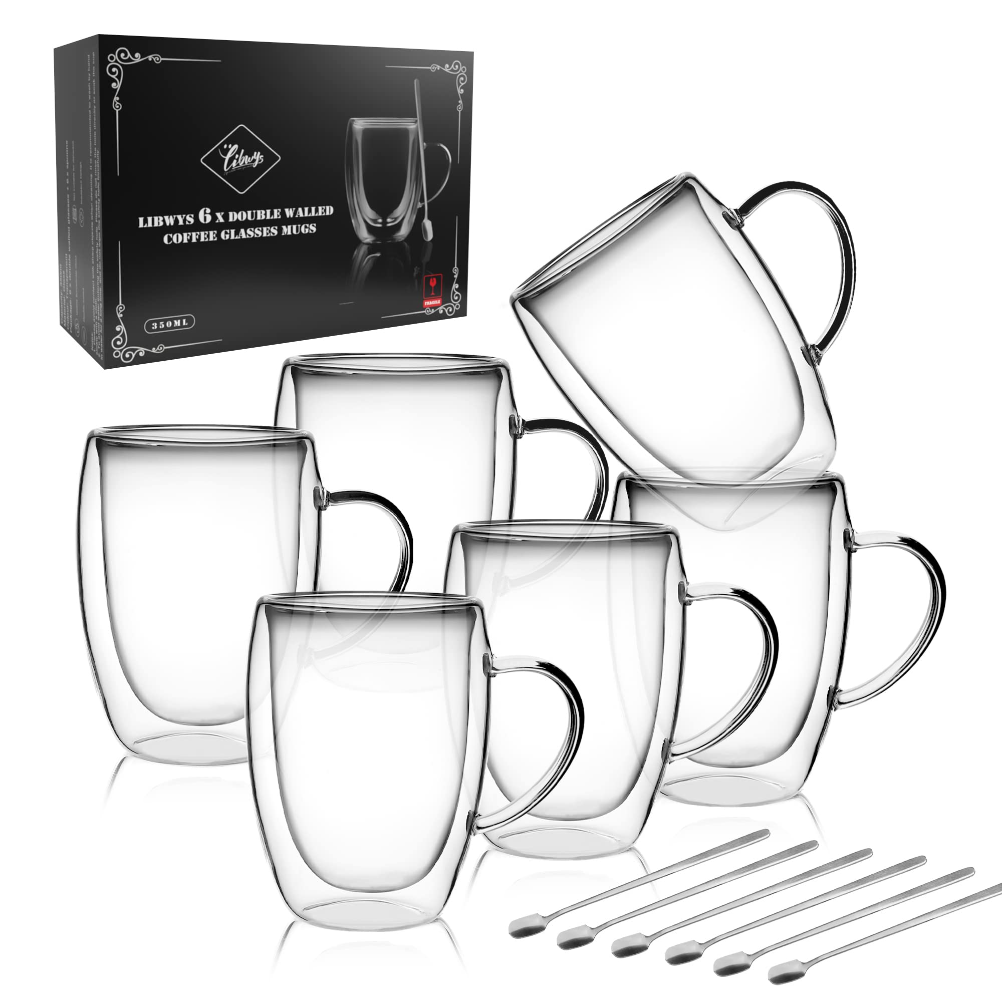 Photo 1 of *************MISSING 1 GLASS****************
LIBWYS 6 Pack Double Walled Coffee Cups Glasses Mugs, 12oz Espresso Cappuccino Latte Tea Cups with Handle, Heat Resistant Borosilicate Clear Glasses 350ml