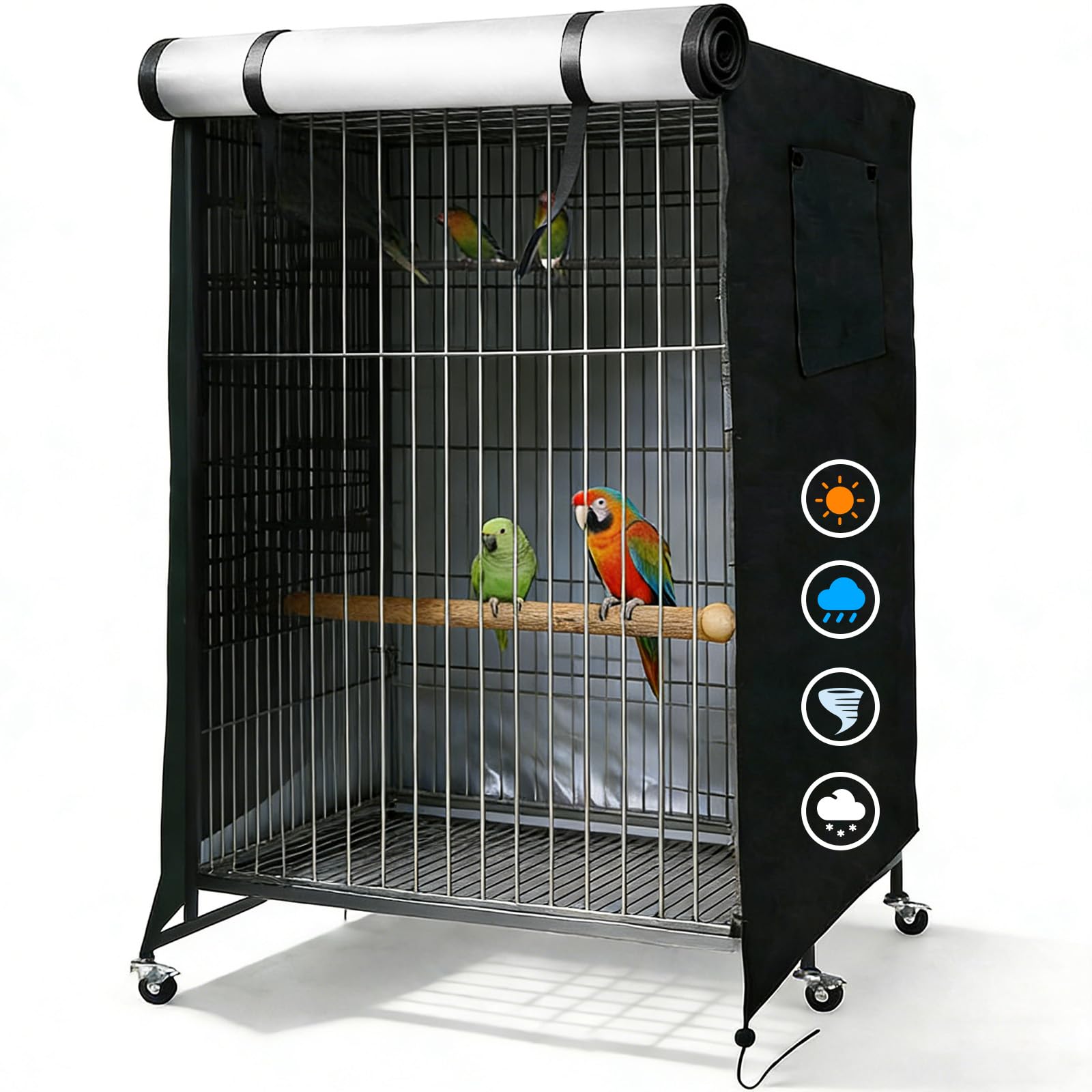 Blackout Bird Cage Cover, 100% Dark Oxford Fabric for Parrots, Budgies, Lovebirds - Weatherproof UV Protection, Breathable Ventilation Windows, Easy Hook-Loop Installation, Indoor Outdoor Use