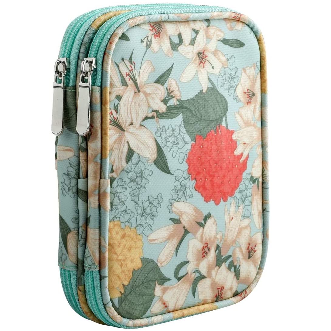 JOZEA Crochet Hooks Case, Empty Zipper Storage Organizer Bag with Web Pockets for Various Crochet Needles, Knitting Accessories, Crochet Hook Kit Tools (Green Lily)