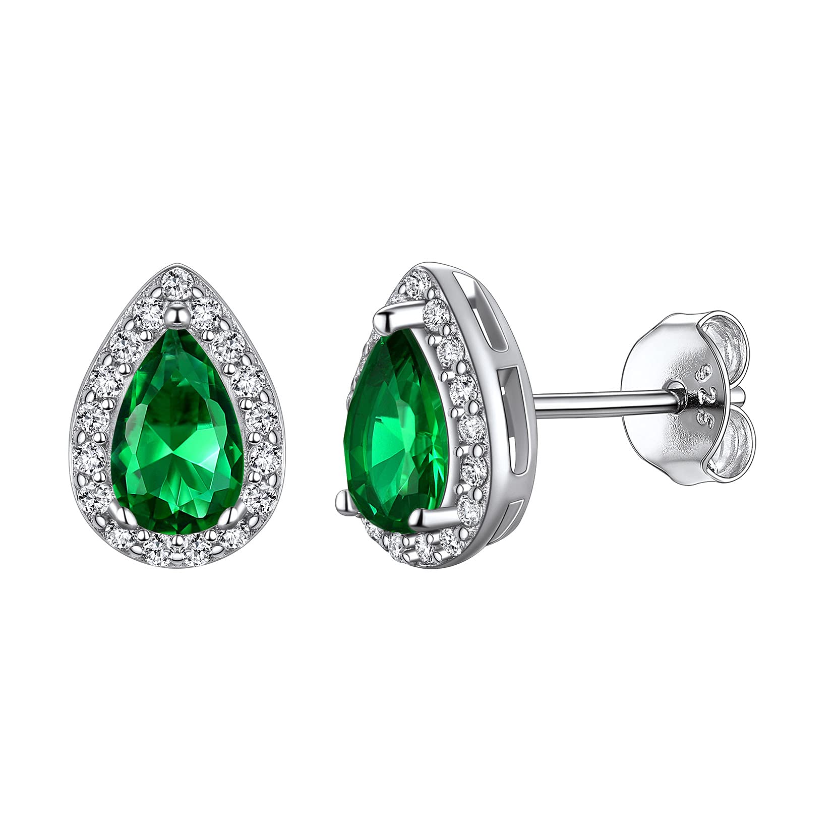 925 Sterling Silver Sparkle Teardrop Brilliant Cut Cubic Zirconia CZ Halo Stud Earrings for Women Girls Created Green Emerald May Birthstone Small Comfortable Hypoallergenic Wedding Bridal Earrings