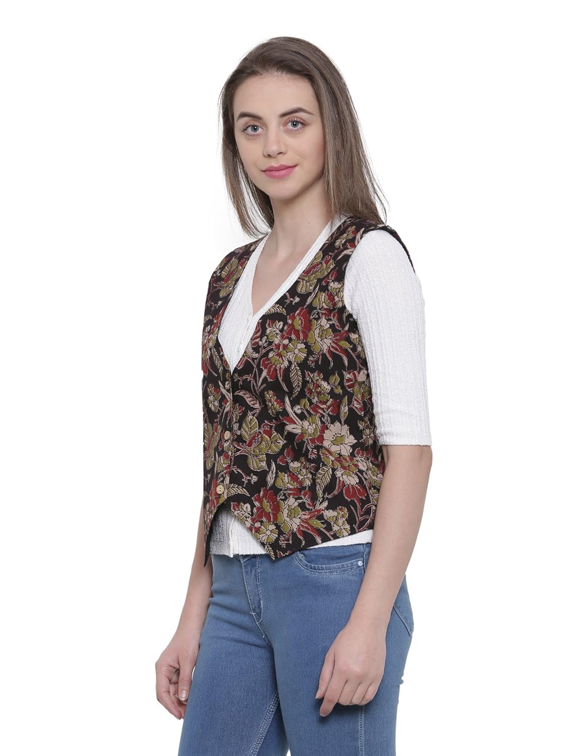 soochirang women's kalamkari hand block sleeveless pure cotton short waist coat