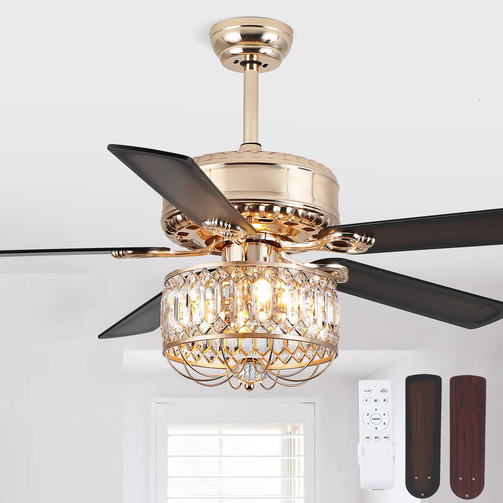Photo 1 of Kviflon Farmhouse Ceiling Fans with Lights and Remote, 52 Inch Indoor Chandelier Ceiling Fan with Light, Crystal Fandelier Ceiling Fans for Living Dining Room Bedroom, Wood Blades, Quiet, Gold