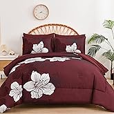 Luxudecor 7 Pieces Queen Size Comforter Set, Burgundy Floral Bed in a Bag Comforter and Sheet Set, Soft Microfiber Lightweight Bedding Set for All Season 90"×90"