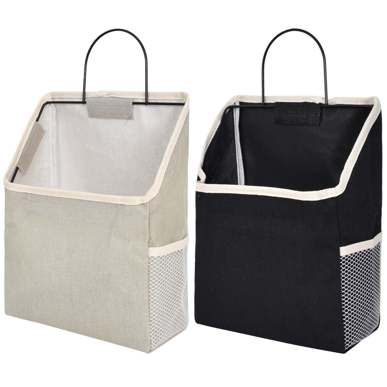 Nramwell 2 PCS Wall Hanging Organiser Bag, Linen Hanging Storage Bag, Fabric Baskets, Grey and Black Organizer for Bedroom Bathroom Dorm, Storage for Toys, Magazines, Snacks