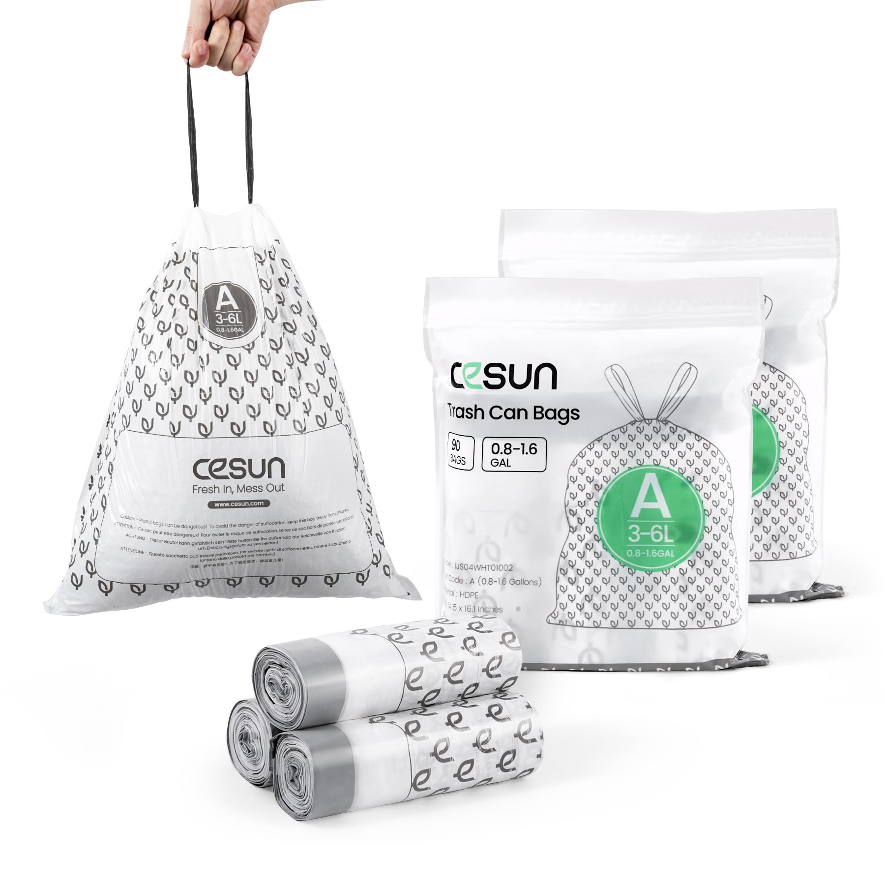 Photo 1 of Cesun Code A Drawstring Trash Bags Pre Cut 1.6 Gallon / 6 Liter Small Bathroom Trash Can Liners, White