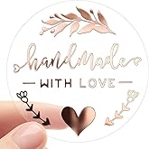 100 Pcs Handmade with Love Stickers – Gold Foil Transparent Labels for Small Business Packaging, Handmade Craft Seals, 1.6 Inch (Rose Gold Foil)
