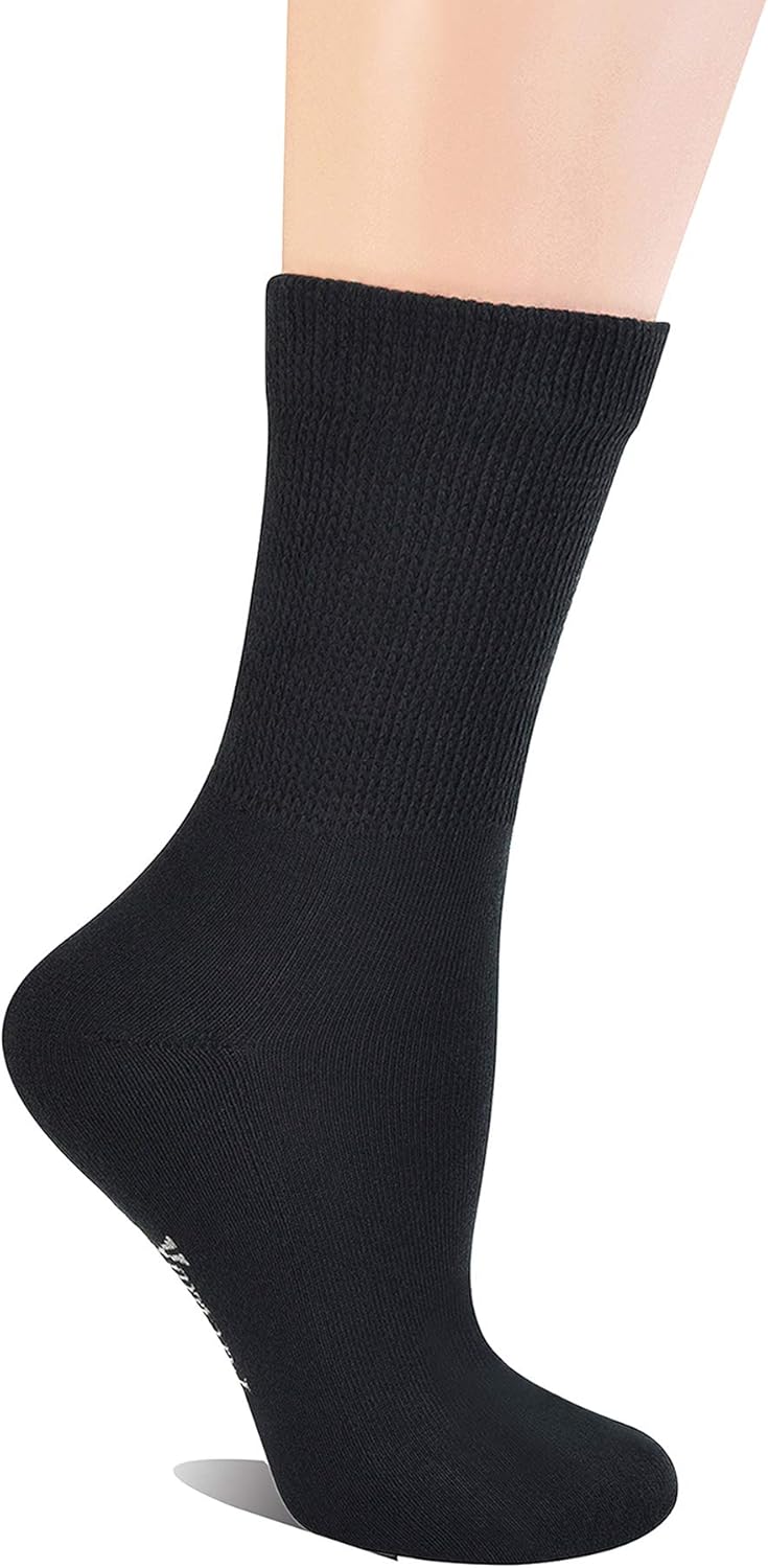 Yomandamor Women's 5 Pairs Non-Binding Cotton Crew Diabetic/Dress Socks with Seamless Toe and Cushion Sole: Clothing