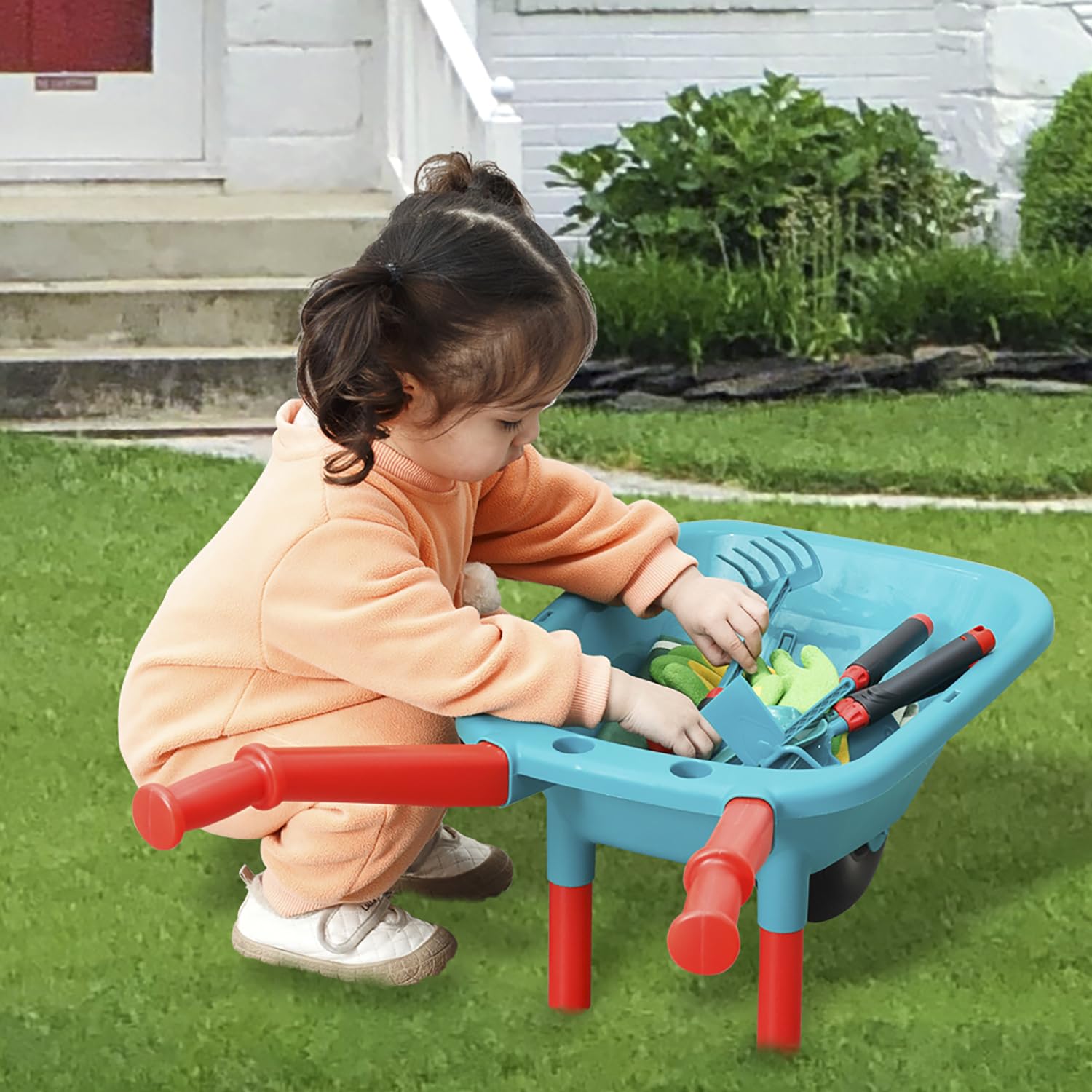 Kids Gardening Set, Includes Wheelbarrow, Watering Can,Gardening Gloves, Gardening Pruner, Hand Rake, Double Hoe, Shovel, Apron with Pocket, Outdoor Indoor Toddler Gardening Tools Set