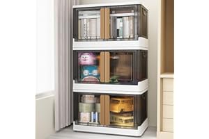 BROVIEW 3Pack 300QT Total Plastic Storage Bins With Lids, 75Gal Total Stackable Containers With Wheels, Folding Closet Organizers, Collapsible Cabinet with Doors for Closet Home Dorm, V6 Brown