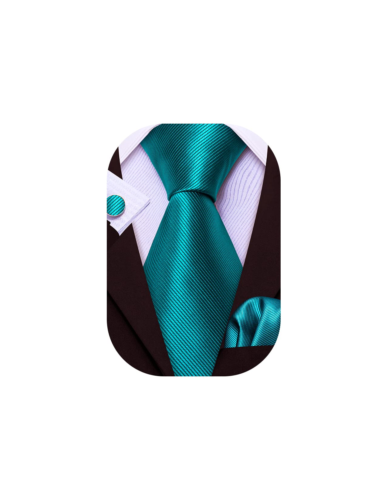 Barry.Wang Teal Blue Ties for Men Solid Color Necktie Handkerchief Cufflinks Set for Wedding Party