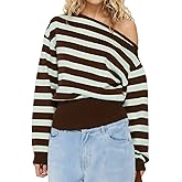 BAIGRAM Women Y2K One Off Shoulder Crop Sweater Vintage Striped Long Sleeve Asymmetric Knit Pullover Preppy Tops Fall Outfits