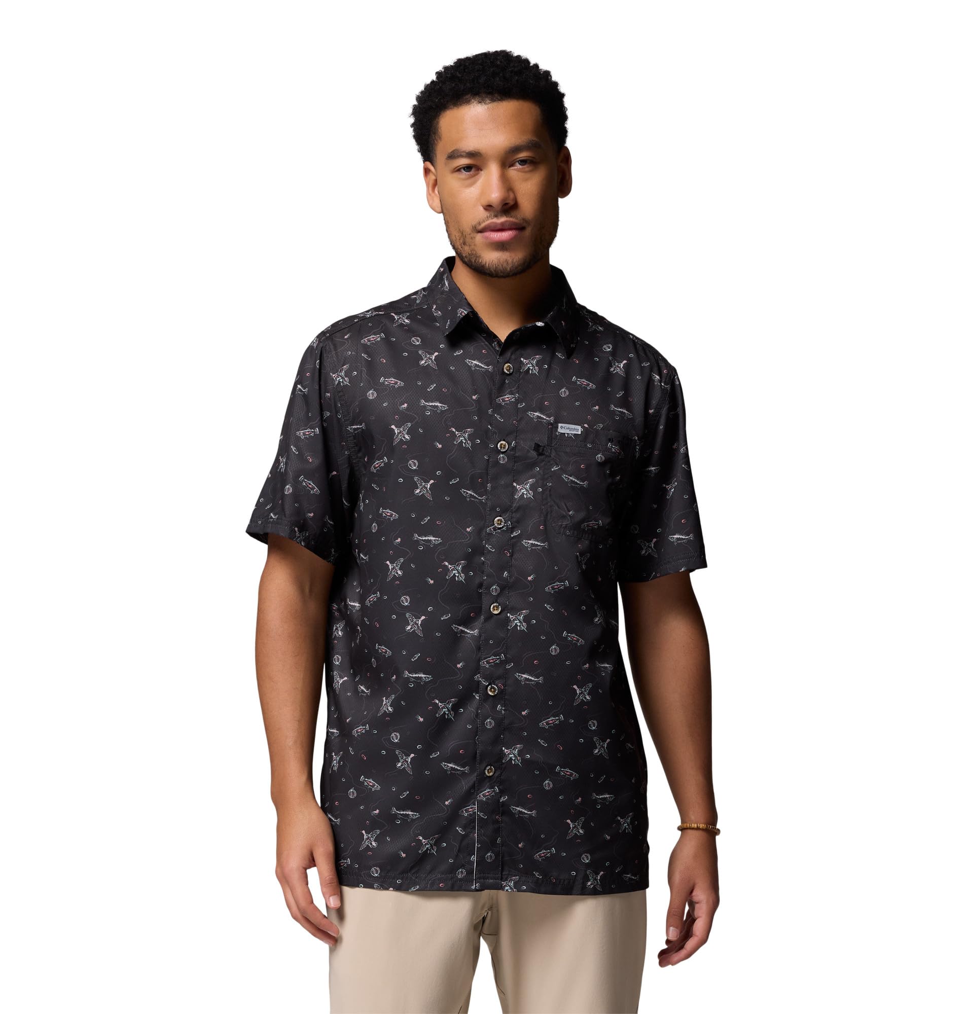 Columbia Mens PFG Super Slack Tide Camp Shirt, Black Fish Hunt, 2X Image