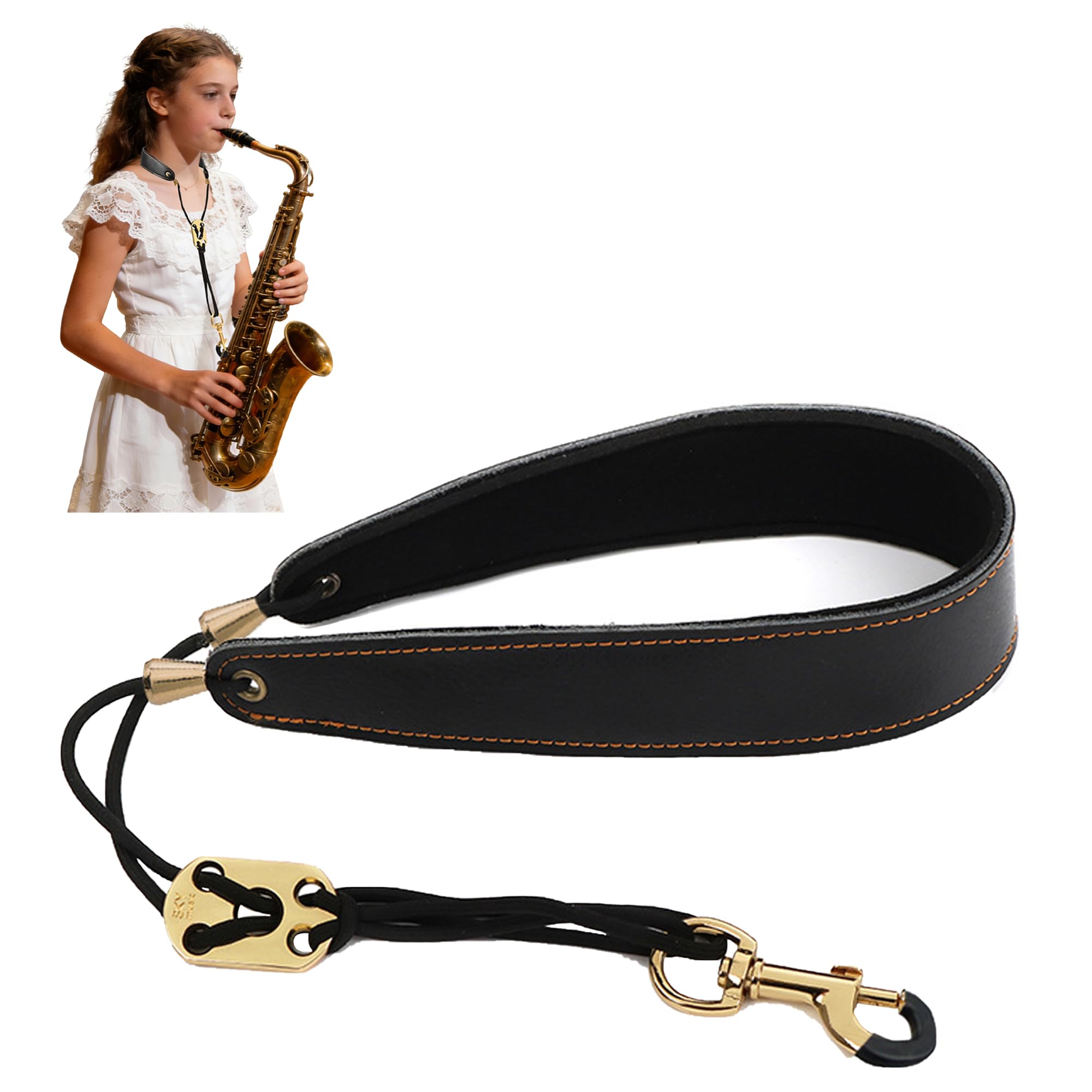 JIAMIAN Universal Black Genuine Leather Sax Neck Strap, Premium Saxophone Strap, With Comfortable Padded Lining Adjustable Buckle, Metal Hook, For Any Saxophonist