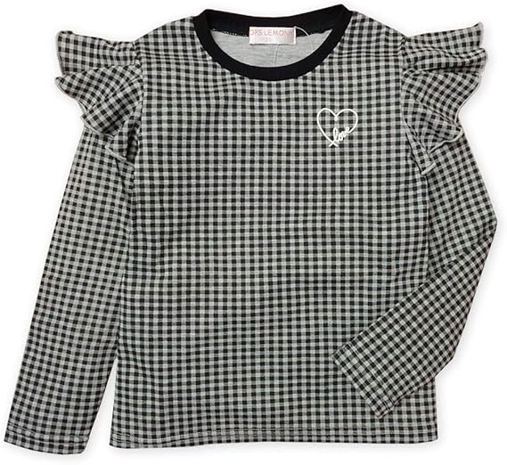 Amazon 子供服 女の子 Tシャツ 長袖 スムース素材 ギンガムチェック柄 肩フリル ハートプリント 女児 キッズ メール便発送 Tシャツ カットソー 通販