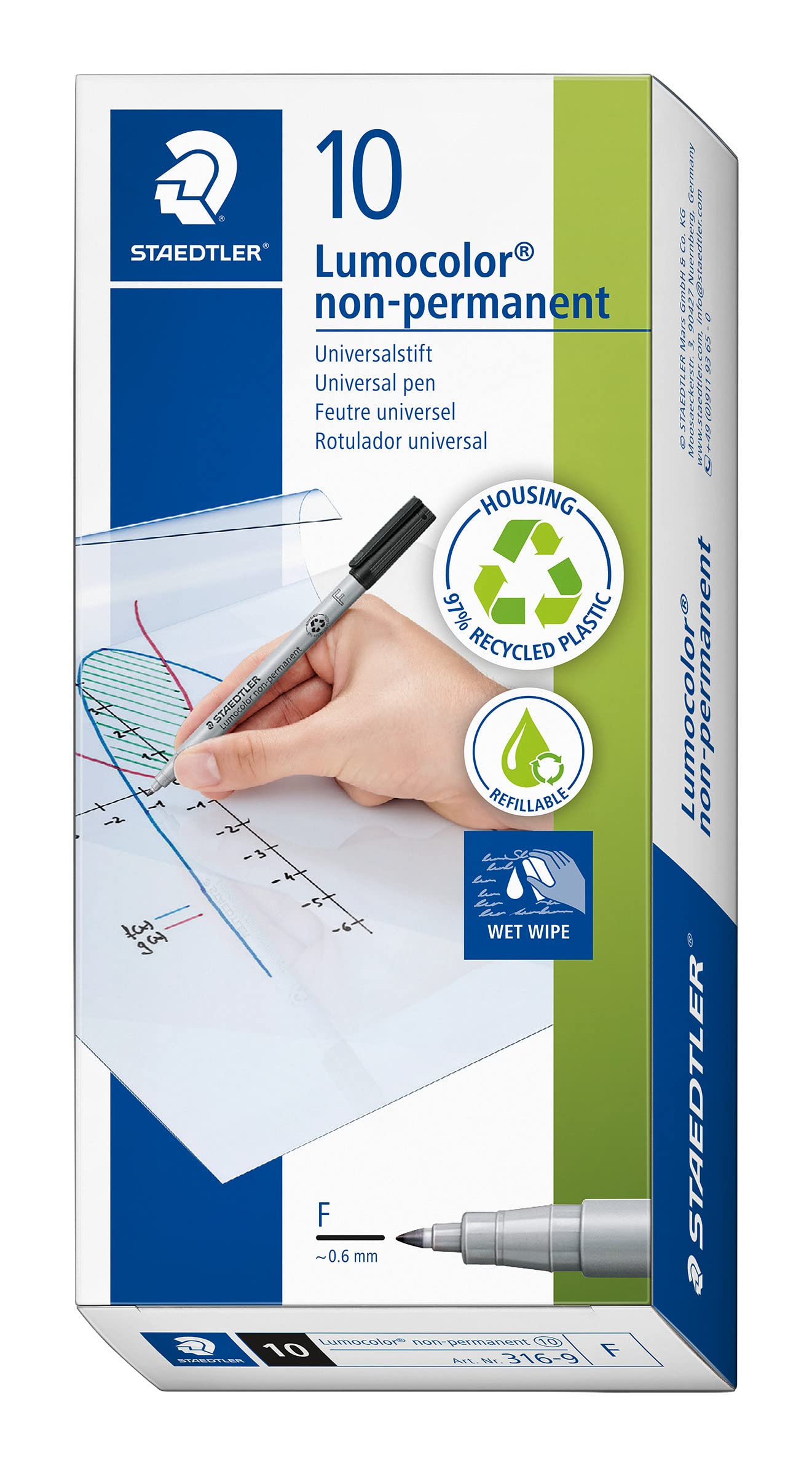 STAEDTLER 316-9 Lumocolor Non-Permanent Pen, Fine Line Width, 0.6mm - Black (Box of 10) — image 1