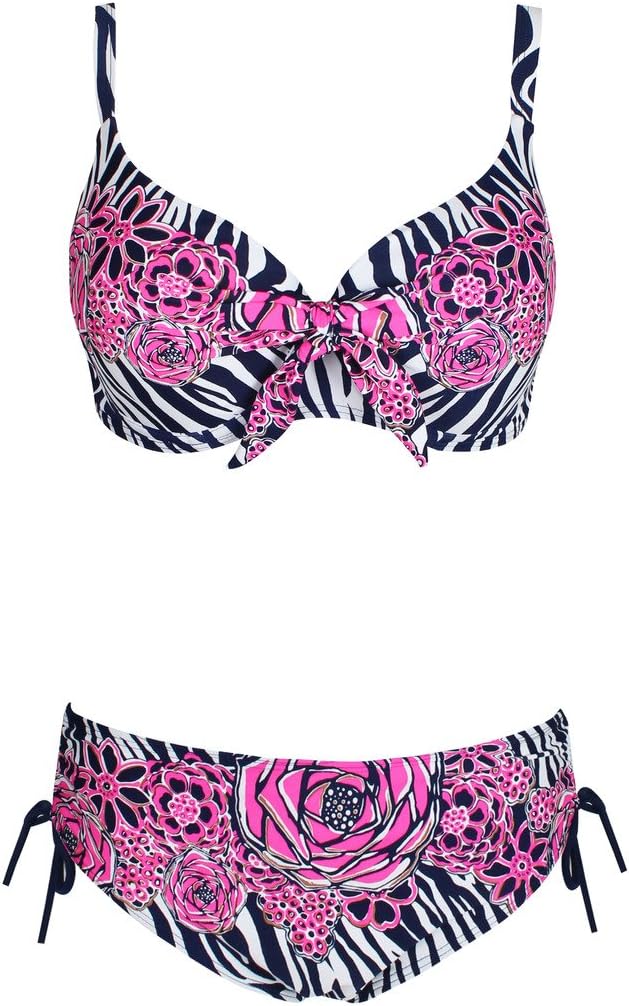Abary 2-Piece Flowers Printing Striped Bathing Suit Plus Size Bikinis Cup D-G