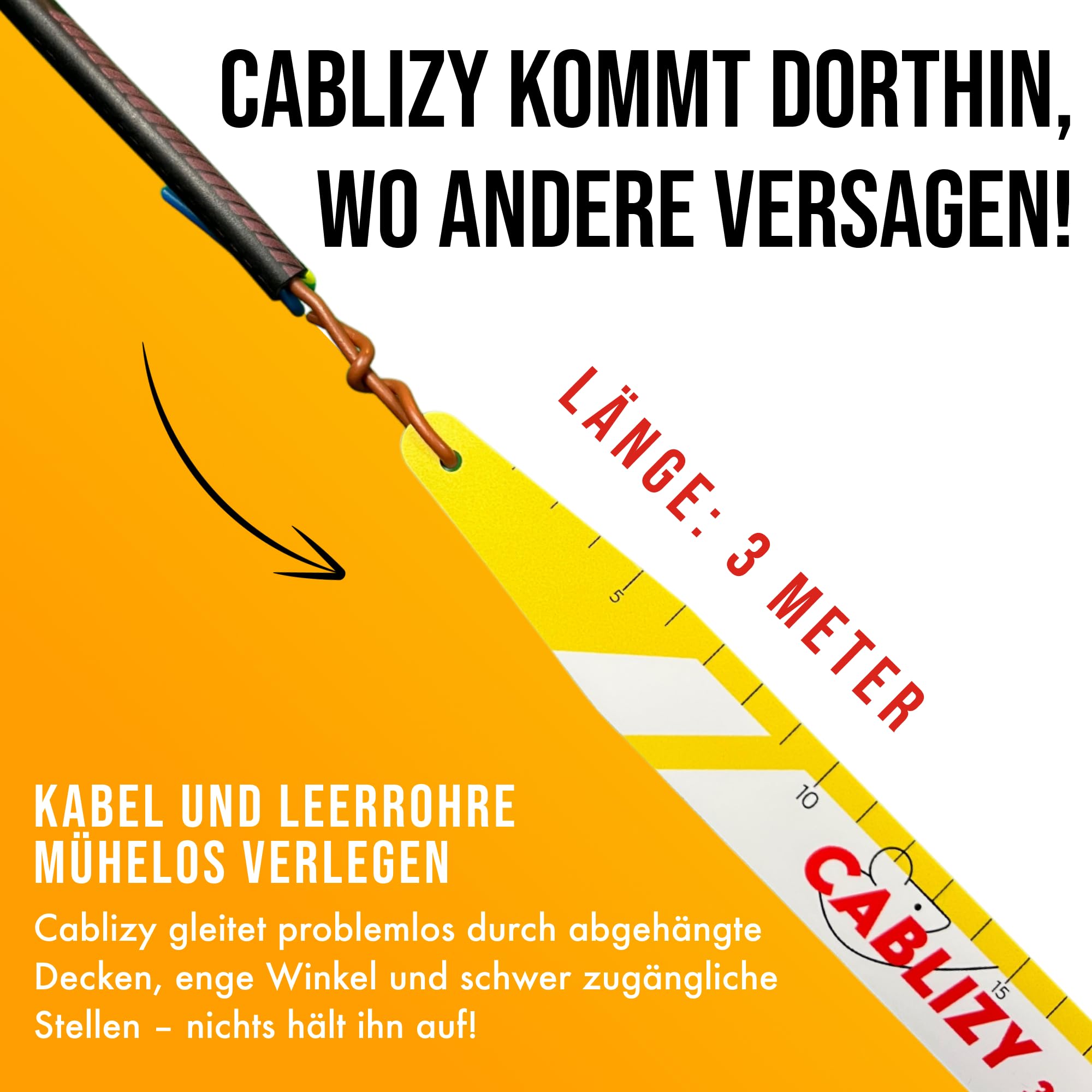 Cablizy Kabeleinziehhilfe 3m | Flexibles Kabel Einziehband für Elektriker & Handwerker | Werkzeug für Kabeldurchzug in Leerrohren, Decken, Wänden & engen Bereichen 2