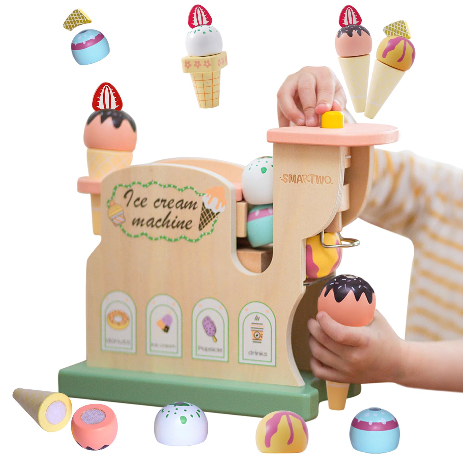 Smartwo Wooden Ice Cream Machine, Kids Ice Cream Toy Set, Pretend Play Food for Children Kitchen, Toy Shop Accessories, Role Play Game for Toddlers 3 4 5 Years Old, Gift for Girls Boys
