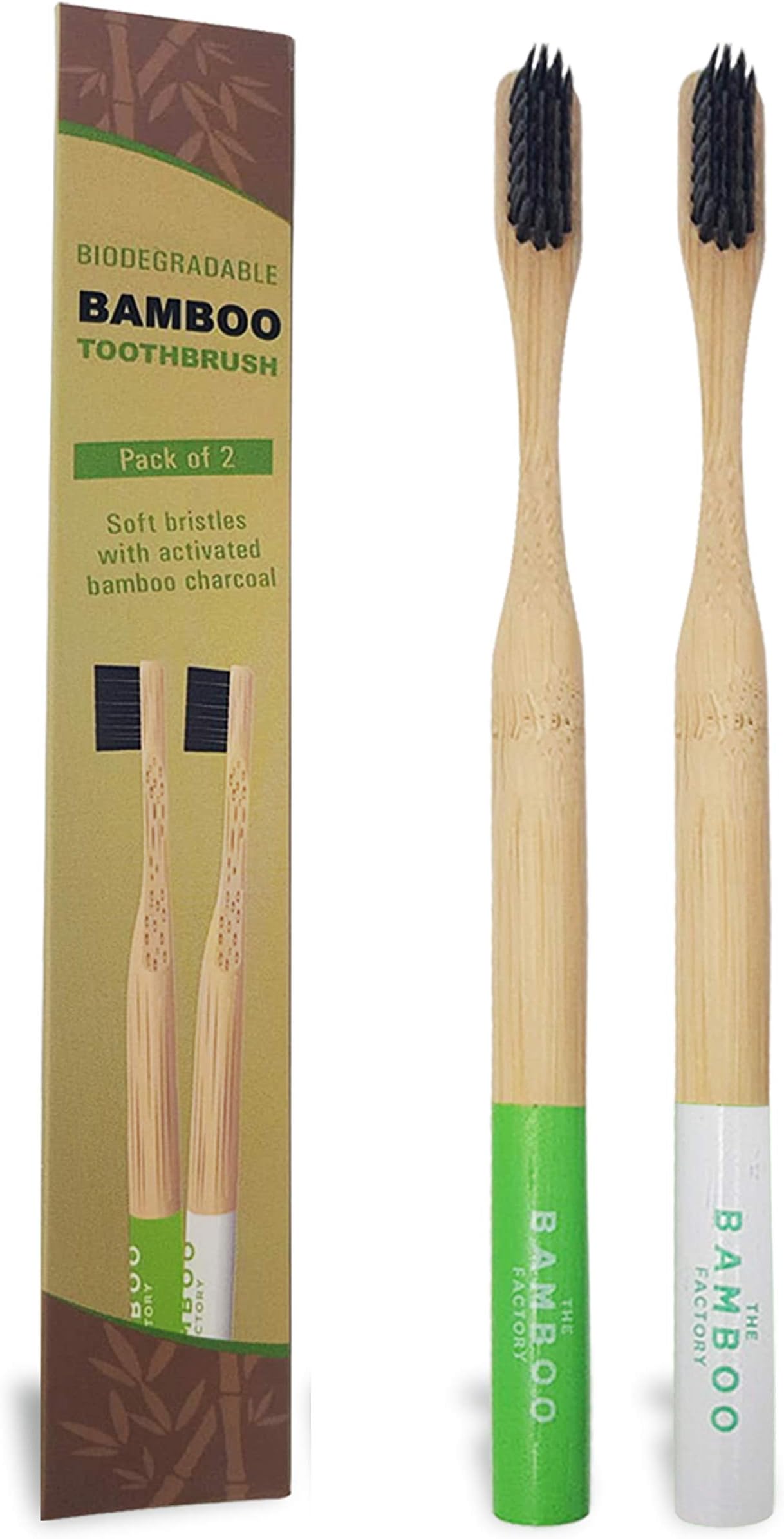 The Bamboo Factory, Charcoal Toothbrush - Soft, Eco Friendly and Organic Toothbrushes - Whiter and Healthier Teeth and Gum, Pack of 2