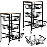 DaisyInner 2 Pack 4-Tier Kitchen Storage Cart on Wheels Metal Fruit Vegetable Basket Stand with Pull-Out Baskets and Wood Top