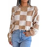 Women's Color Block Checkered Crew Neck Long Sleeve Y2K Plaid Knitted Pullover Sweater Tops Vintage Preppy Style Knitwear