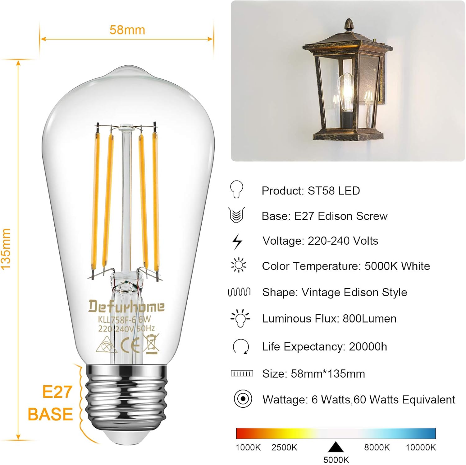 Defurhome ST58 E27 6W LED Edison Light Bulbs 60W Equivalent, Daylight White 5000K, Not Dimmable, Clear Glass - Image 3
