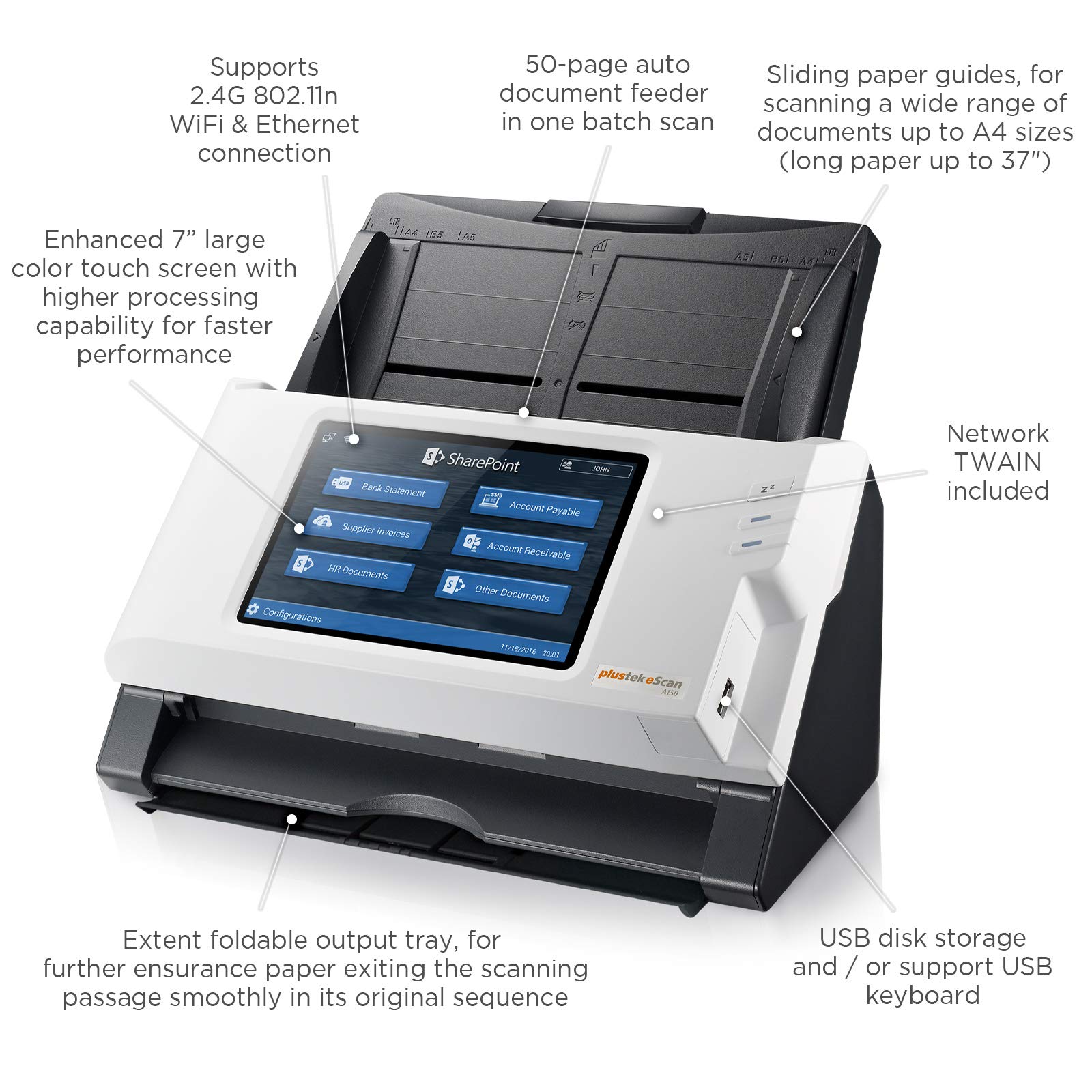 Plustek eScan SharePoint - Network Document Scanner Dedicated for Microsoft SharePoint and Office 365 – Standalone (PC-Less), 7” Color Touchscreen – 50-Sheet Automatic Document Feeder