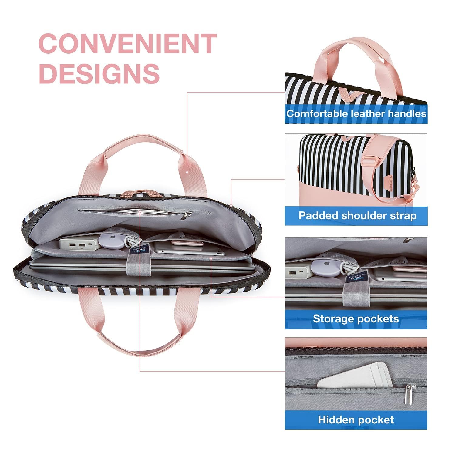 BAGSMART Laptop Bag for Women, 15.6 Inch Laptop Case Slim Computer, Work Briefcase, For Travel, Pink Stripes
