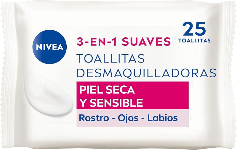 Toallitas Desmaquilladoras 3-en-1 Suaves - Toallitas Húmedas - Limpia Suave y Eficazmente - Elimina Maquillaje Waterproof - Para Rostro, Ojos y Labios - Piel Seca y Sensible - 25 unidades