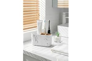 Bamboo Toothbrush Holder, 5-Slot Marble Design Toothpaste & Electric Toothbrush Organizer for Bathroom Countertop Storage