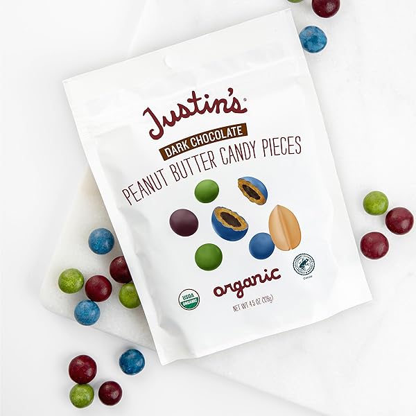 JUSTIN’S DARK CHOCOLATE PEANUT BUTTER CANDY PIECES – 4.5OZ BAG ORGANIC, GLUTEN FREE, NON-GMO, RESPONSIBLY SOURCE, RAINFOREST ALLIANCE CERTIFIED COCOA