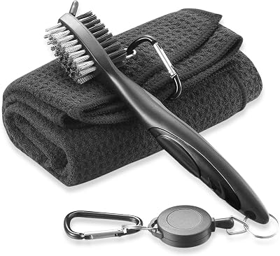 FUZVOL Golf Cleaner Brush and Towel Set with Carabiner Black
