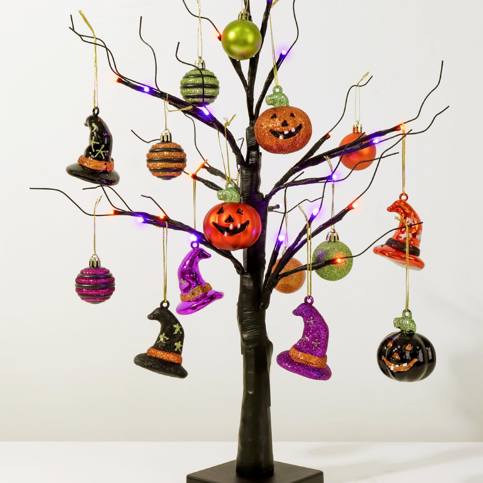 Photo 1 of (missing pieces) Pawliss Halloween Decor Black Tree: 23" Spooky Lighted Artificial Tree with 18pcs 3D Witch Hat Jack O Pumpkin Ornaments