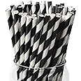 PakTalk [100 Pack] Black Paper Straws, Biodegradable Black and White Stripe Paper Straws for Birthdays, Weddings, Baby Showers, Halloween and Christmas Party Supplies(0.24" x 7.75", Black)