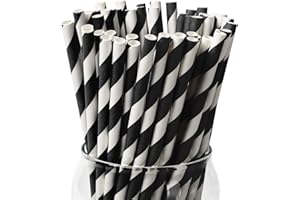 PakTalk [100 Pack] Black Paper Straws, Biodegradable Black and White Stripe Paper Straws for Birthdays, Weddings, Baby Showers, Halloween and Christmas Party Supplies(0.24" x 7.75", Black)