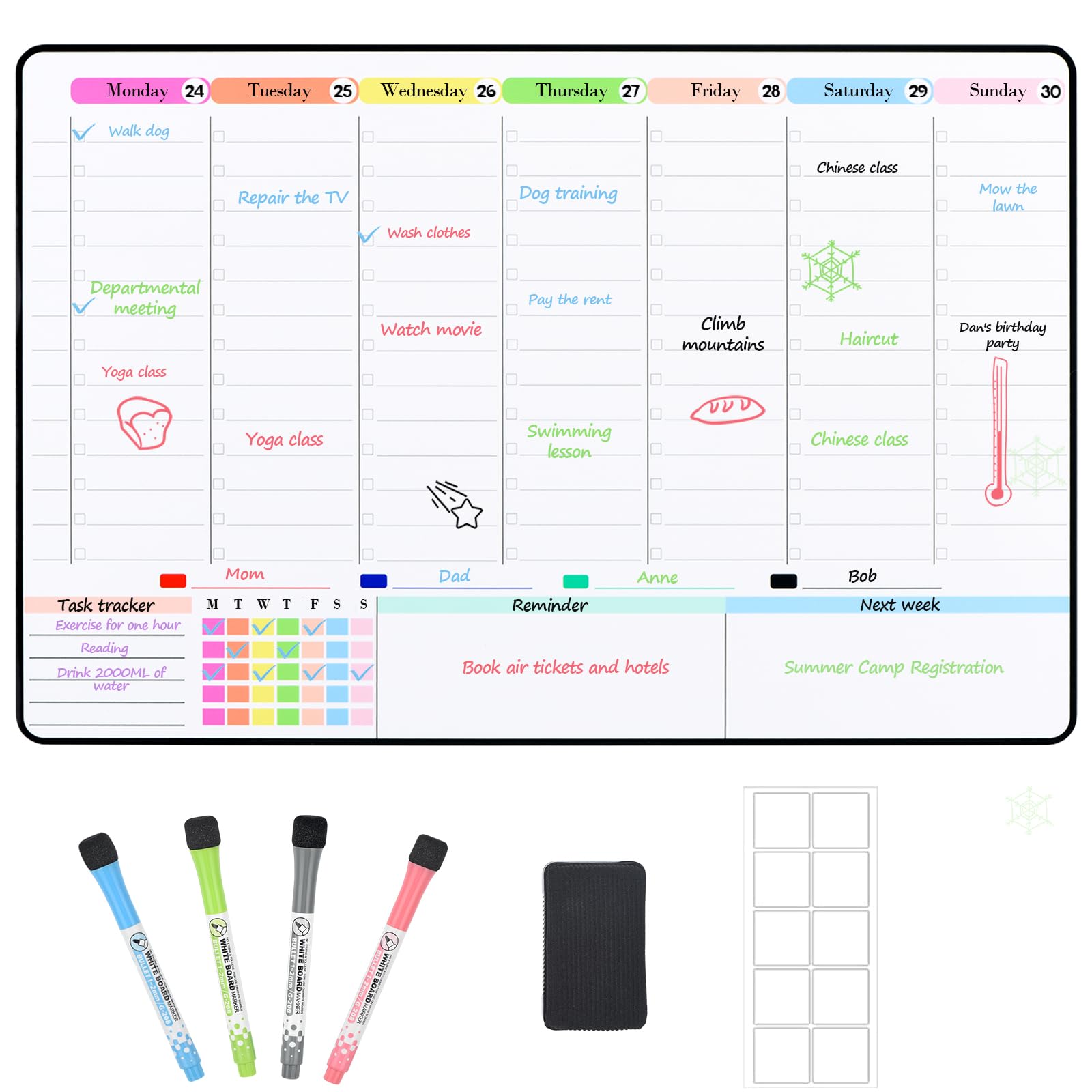 POPRUN Magnetic Whiteboard for Fridge, A3 Family Weekly Planner, Dry Erase Calendar with Time Slots, Reusable Organiser for Home Schedule, Meal Planning, Daily To Do