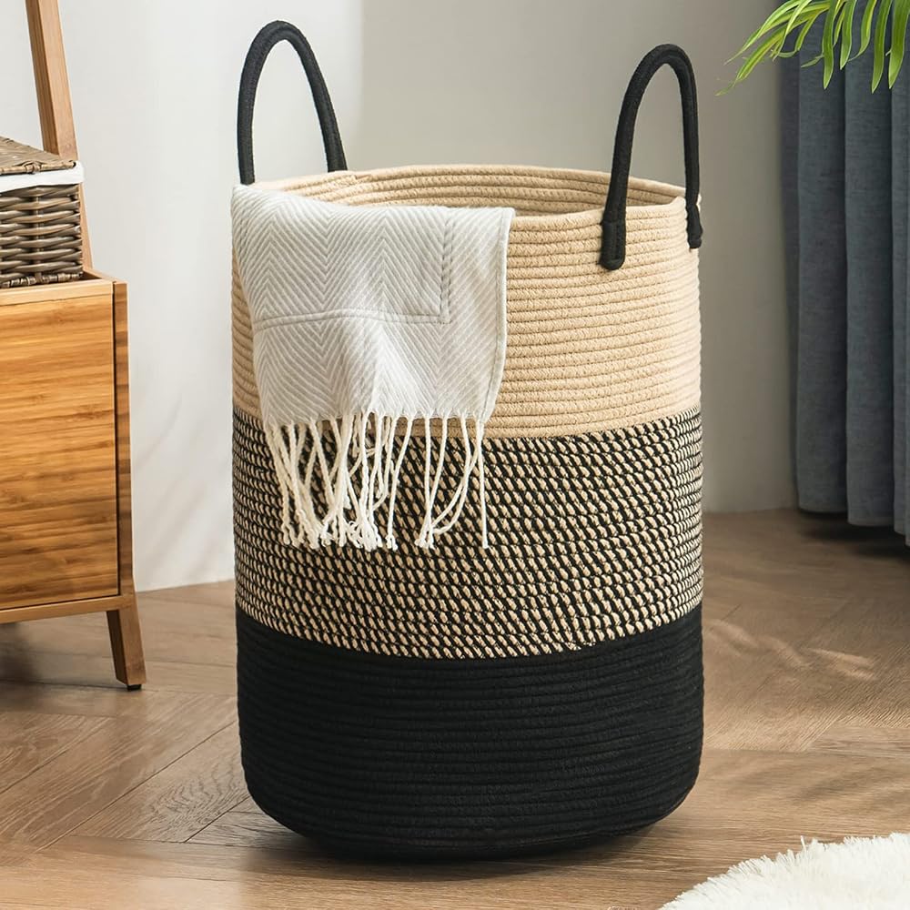 YOUDENOVA Cotton Rope Laundry Basket Large 58L 38x50 cm Grey Brown
