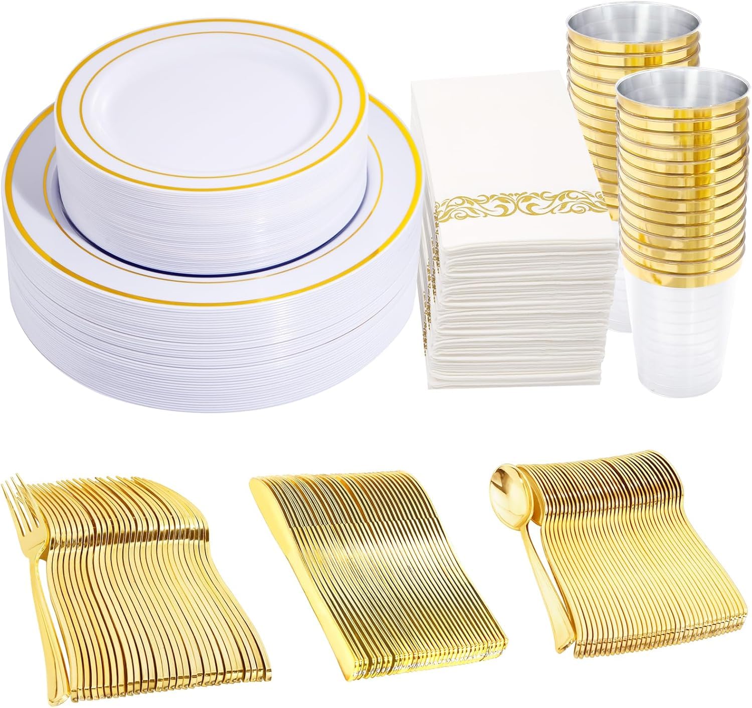 Photo 1 of 350 Pieces White and Gold Plastic Plates - 50 Guest Dinnerware Set Include 100 Plates, 50 Gold Plastic Silverware, 50 Paper Napkins and 50 Cups for Thanksgiving Party,Wedding
