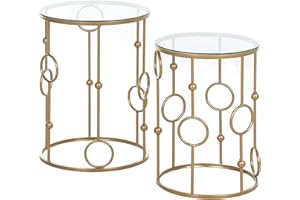 HOMCOM Round Nesting Coffee Table Set of 2, Gold Coffee Tables with Tempered Glass Top, Steel Frame for Living Room