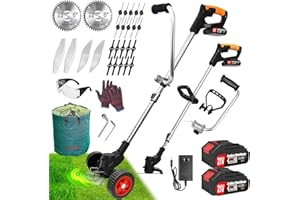 KINFIDTOW Electric Weed Wacker Eater Battery Powered 21V/2Ah, Cordless Weed Trimmer Battery Operated with 5 Types Blade&Wheels, No-String Trimmer/Grass Trimmer/Lawn Edger/Brush Cutter/Mini-Mower for Garden Yard