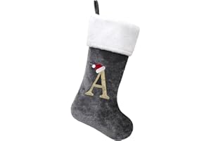 jargebur 20 Inches Initial Monogram Christmas Stocking Personalized,Deluxe Black Velvet Body with Super Soft Plush Cuff Embroidered Letter,Holiday Season Decor