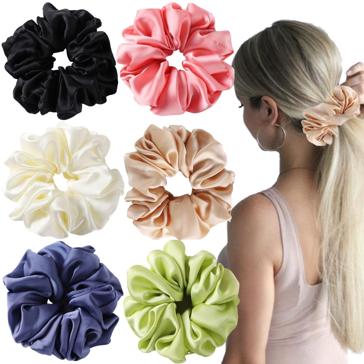 6 PCS Big Satin Scrunchies - Oversized & Jumbo for Curly & Thick Hair, No Damage